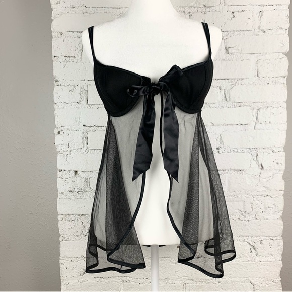 Y2K Victorias Secret Babydoll Cami Black Front Tie Padded Negligee Teddy Dress M - Picture 1 of 6